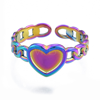 Ion Plating(IP) 304 Stainless Steel Heart with Chain Cuff Rings RJEW-N038-127M-1