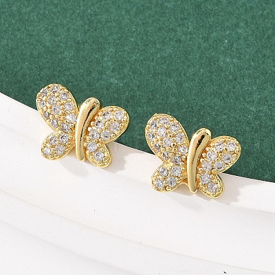 Brass Micro Pave Clear Cubic Zirconia Stud Earrings EJEW-F400-02A-G-1