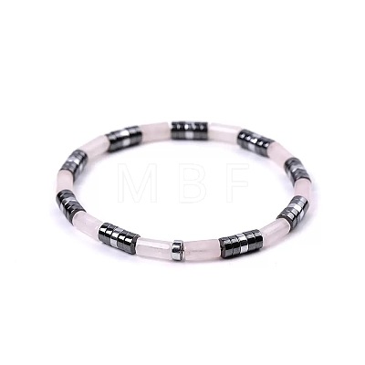 Bohemian Natural Rose Quartz & Platinum Synthetic Non-magnetic Hematite Beaded Stretch Bracelets for Women NY1304-1-1
