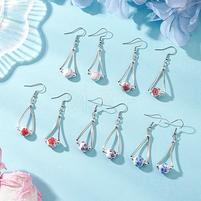 Handmade Round with Flower Printed Dangle Earrings EJEW-JE06800-1