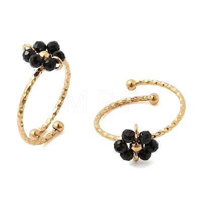 Adjustable 304 Stainless Steel Natural Black Onyx Cuff Open Rings RJEW-P187-01G-06-1