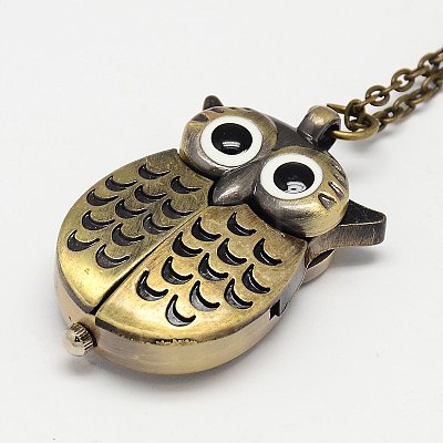Alloy Owl Wing Design Openable Pendant Pocket Watch Necklaces with Iron Chains X-WACH-M011-01-1