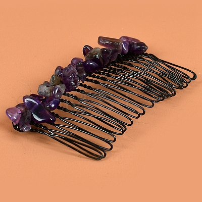 Natural Amethyst with Metal Chips Hair Combs PW-WG93284-03-1