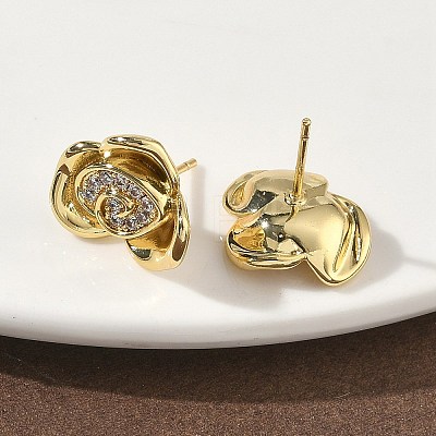 Rose Flower Brass Micro Pave Cubic Zirconia Stud Earrings EJEW-G452-08G-02-1