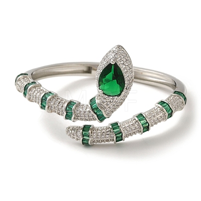 Brass Pave Green & Clear Cubic Zirconia Snake Open Cuff Bangle for Women BJEW-K246-10P-1