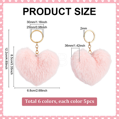 30Pcs 6 Colors Heart Polyester Rabbit Hair Pendant Keychains AJEW-PH0008-08-1