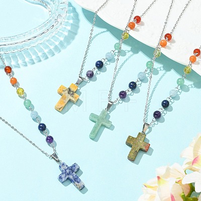 Chakra Natural Mixed Gemstone Religion Cross Pendant 304 Stainless Steel Cable Chain Necklaces for Women NJEW-JN06268-1