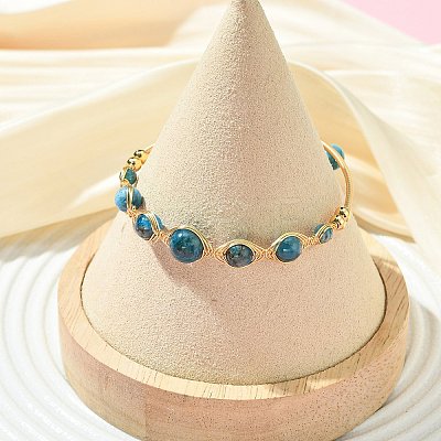 Herringbone Wire-Wrapped Natural Apatite Brass Cuff Bangles BJEW-JB14039-01-1