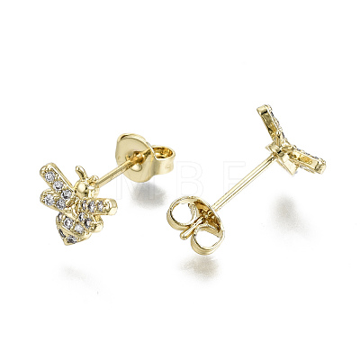 Brass Micro Pave Clear Cubic Zirconia Stud Earrings EJEW-T046-29G-NF-1