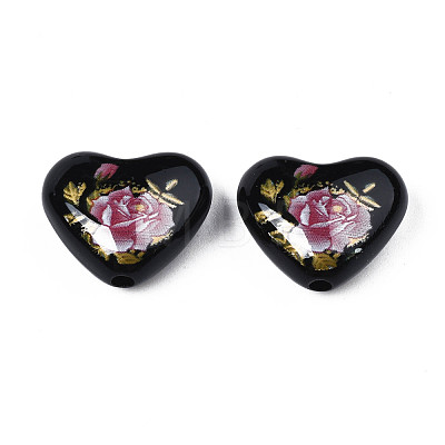 Flower Printed Opaque Acrylic Heart Beads SACR-S305-28-K04-1