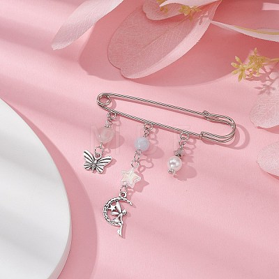 Natural Mixed Gemstone Heart & Fairy & Butterfly Charms Safety Pin Brooch JEWB-BR00102-1
