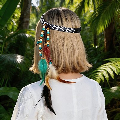 1Pc Boho Feathers Headband Hair Extensions Headpiece AJEW-DJ0001-51B-1