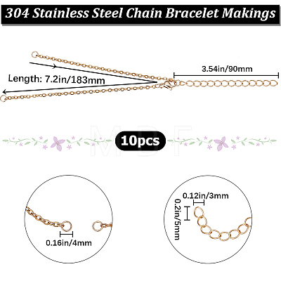 10Pcs 304 Stainless Steel Cable Chain Bracelet Making AJEW-BBC0002-11-1