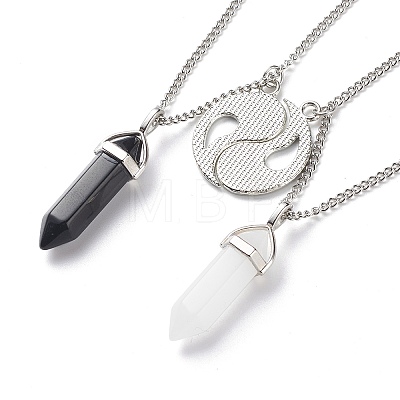 2Pcs 2 Style Natural White Jade & Black Obsidian Bullet Pendant Necklaces Set NJEW-JN03994-03-1