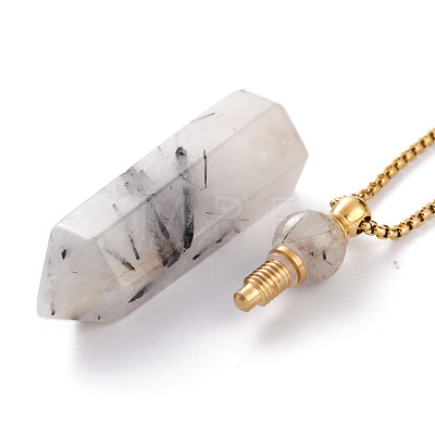 Natural Tourmalinated Quartz/Black Rutilated Quartz Openable Perfume Bottle Pendant Necklaces NJEW-H216-06G-1