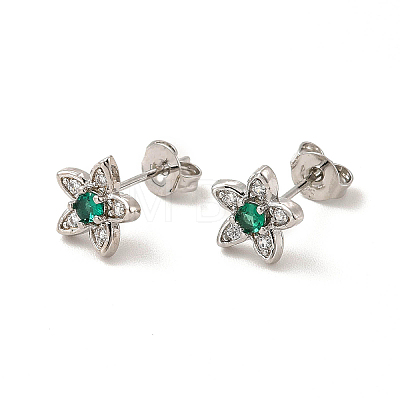 Rack Plating Brass Micro Pave Clear & Green Cubic Zirconia Star Ear Studs EJEW-F301-16-1
