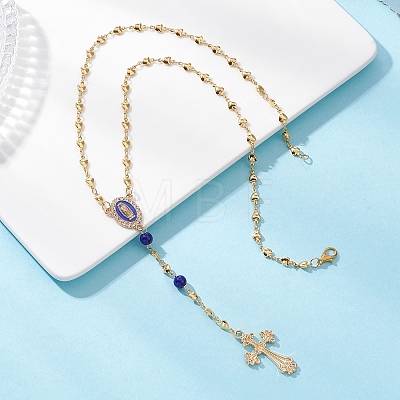 Brass Heart Link Rosary Bead Necklaces NJEW-JN05627-1