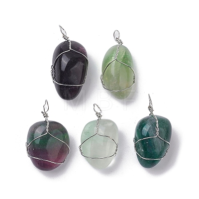 Natural Fluorite Copper Wire Wrapped Pendants G-C110-06E-P-1