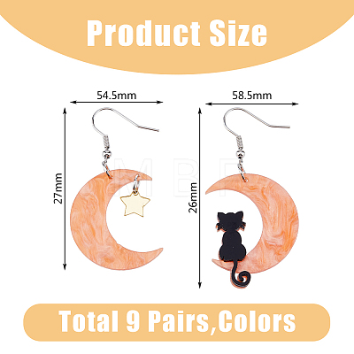 9 Sets 9 Colors Moon & Star & Cat Resin Asymmetrical Earrings EJEW-FI0002-35-1
