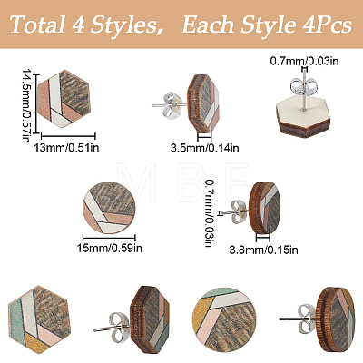 SUNNYCLUE 4 Pairs 2 Style Natural Wood Geometry Stud Earrings with Steel Iron Pins EJEW-SC0001-48-1