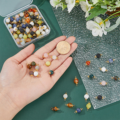 100Pcs 10 Styles Natural Mixed Gemstone Round Link Connector Charms PALLOY-FH00004-1