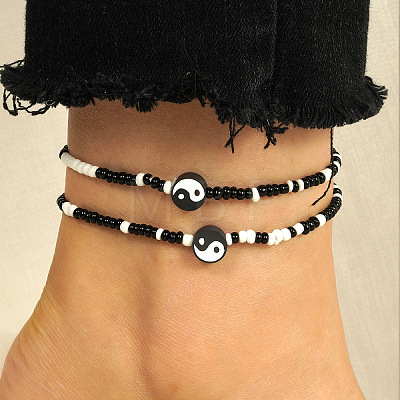 2Pcs Yin-yang Polymer Clay Glass Seed Beaded Stretch Anklet Sets for Women FS-WG3863F-08-1