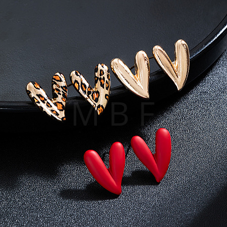 3 Pairs Heart with Leopard Print  Spray Painted Alloy Stud Earrings FS-WG7979B-01-1