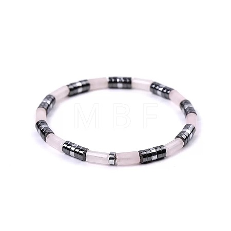 Bohemian Natural Rose Quartz & Platinum Synthetic Non-magnetic Hematite Beaded Stretch Bracelets for Women NY1304-1-1