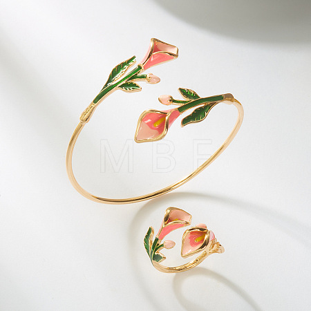 Lily of the Valley Brass Enamel Cuff Bangles & Rings Sets for Women WGC9600-03-1