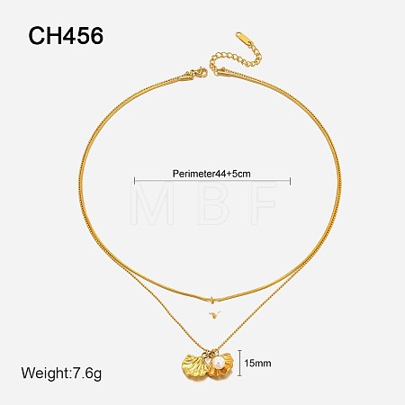 304 Stainless Steel & Natural Shell & Natural Freshwater Pearl Double Layer Necklaces FS-WG7985A-04-1