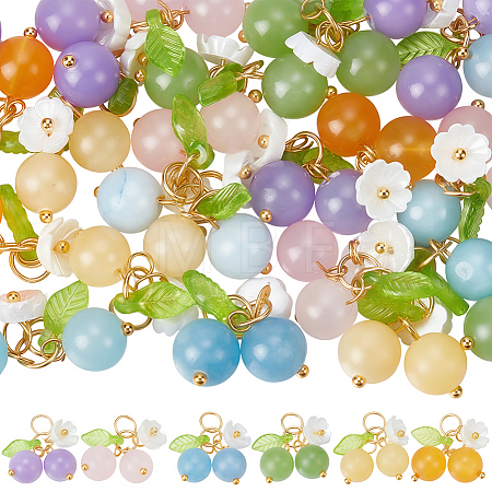 36Pcs 6 Styles Dyed Natural Malaysia Jade & Yellow Jade & Dyed Green Jade & Topaz Jade & White Jade Round Pendants with Resin Flower and Acrylic Leaf HJEW-BM0001-36-1