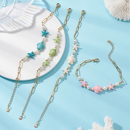 Synthetic Turquoise & Shell Pearl Beaded Link Bracelets BJEW-JB13807-1