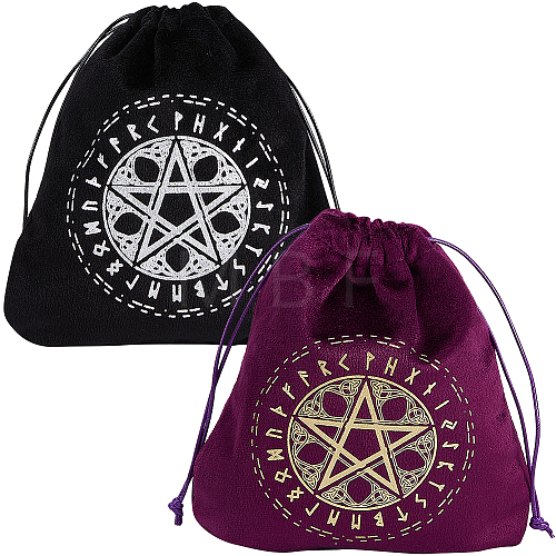 CREATCABIN 2Pcs 2 Colors Pentagram Runes Velvet Tarot Cards Storage Drawstring Bags TP-CN0001-07-1