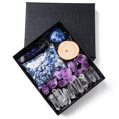 Natural Sodalite & Quartz Crystal & Amethyst Bullet & Heart & Nugget & Chips Gift Box WG94197-09-1