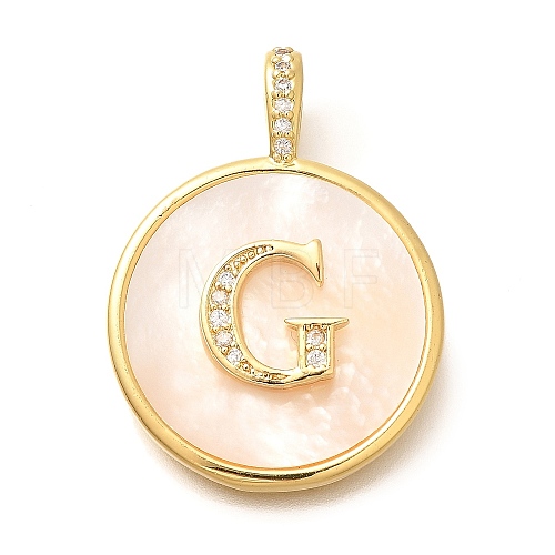 Rack Plating Brass Micro Pave Clear Cubic Zirconia Pendants with Shell KK-M309-42G-G-1