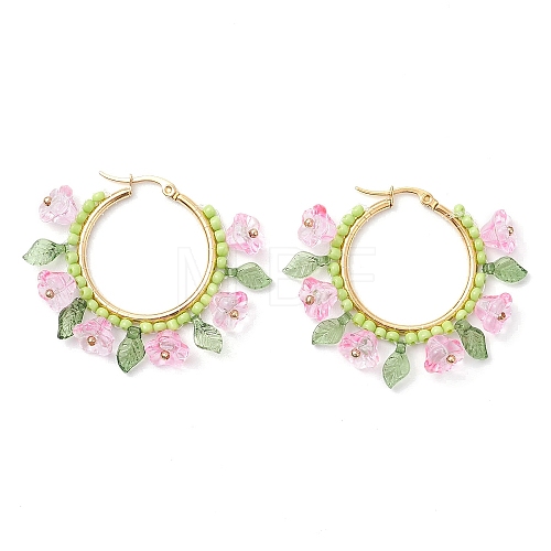 Glass Flower Hoop Earrings EJEW-TA00589-03-1