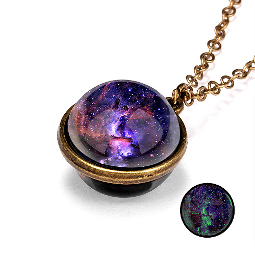 Luminous Glass Planet Pendant Necklace with Antique Golden Alloy Chains PW-WG67491-01-1