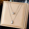 304 Stainless Steel Round Teardrop Pendant Cable Chain Double Layer Necklaces for Women NJEW-B083-03P-1