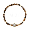 Religion Natural Tiger Eye Beaded Stretch Bracelets with Brass Flat Round with Cross Beads BJEW-JB14360-03-3