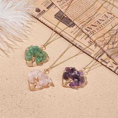 Natural Gemstone Chips Heart with Tree of Life Pendant Necklace NJEW-JN03906-1