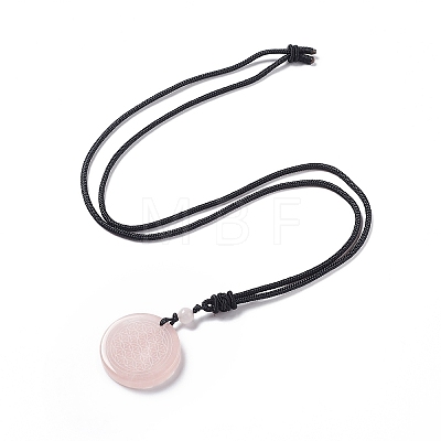 Natural Rose Quartz Flat Round with Flower of Life Pendant Necklace with Nylon Cord for Women NJEW-P274-02-06-1