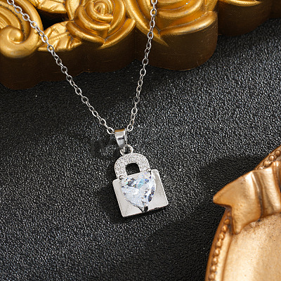 Brass Pave Clear Cubic Zirconia Heart Lock Pendant 201 Stainless Steel Cable Chain Necklaces for Women WGBDC93-01-1