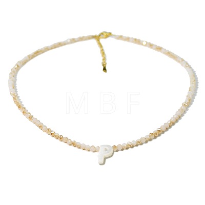 Natural White Shell Letter Faceted Glass Beaded Necklaces with 304 Stainless Steel End Chains SS7282-15-1