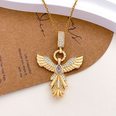 Brass Pave Cubic Zirconia Phenix Pendant Necklaces for Women WGFFBCE-02-1