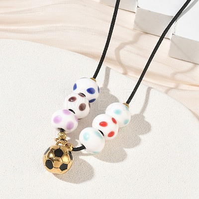 Sports 304 Stainless Steel Enamel Football Pendant Black Waxed Cord Necklaces SA-CBA5F92-02G-1