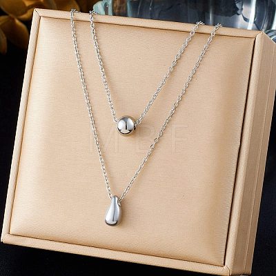 304 Stainless Steel Round Teardrop Pendant Cable Chain Double Layer Necklaces for Women NJEW-B083-03P-1