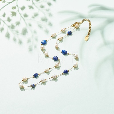 Natural Lapis Lazuli & Pearl Beaded Necklace NJEW-JN03894-05-1