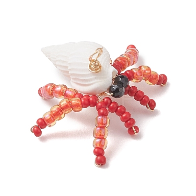 Faceted Round Natural Black Spinel & Natural Trumpet Shell & Glass Seed Beaded Crab Pendants PALLOY-MZ01177-01-1