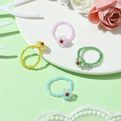 Flower Glass Beads Stretch Finger Rings for Women RJEW-MZ00025-1