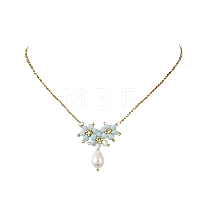 Electroplate Glass Beaded Flower Teardrop Pendant 304 Stainless Steel Cable Chain Necklaces NJEW-MZ00156-03-1